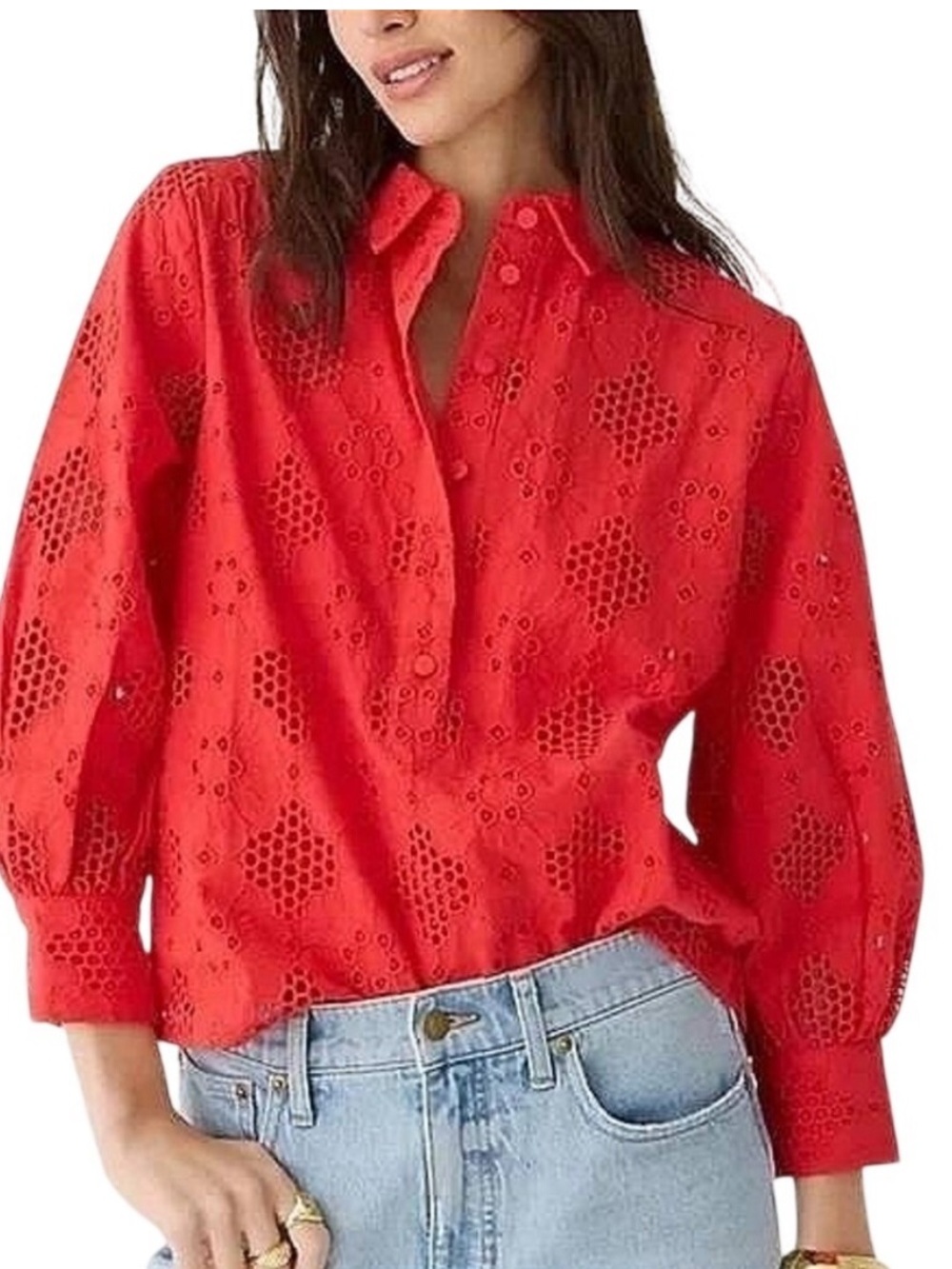 J. Crew Popover Eyelet Top Red Medium